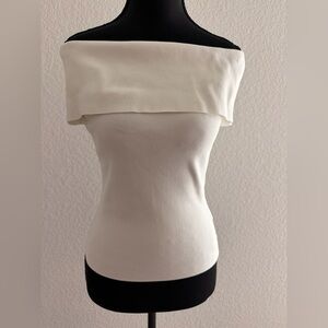 MAJE White Bardot Off-Shoulder Knit Top | Lapel Collar Slim Fit